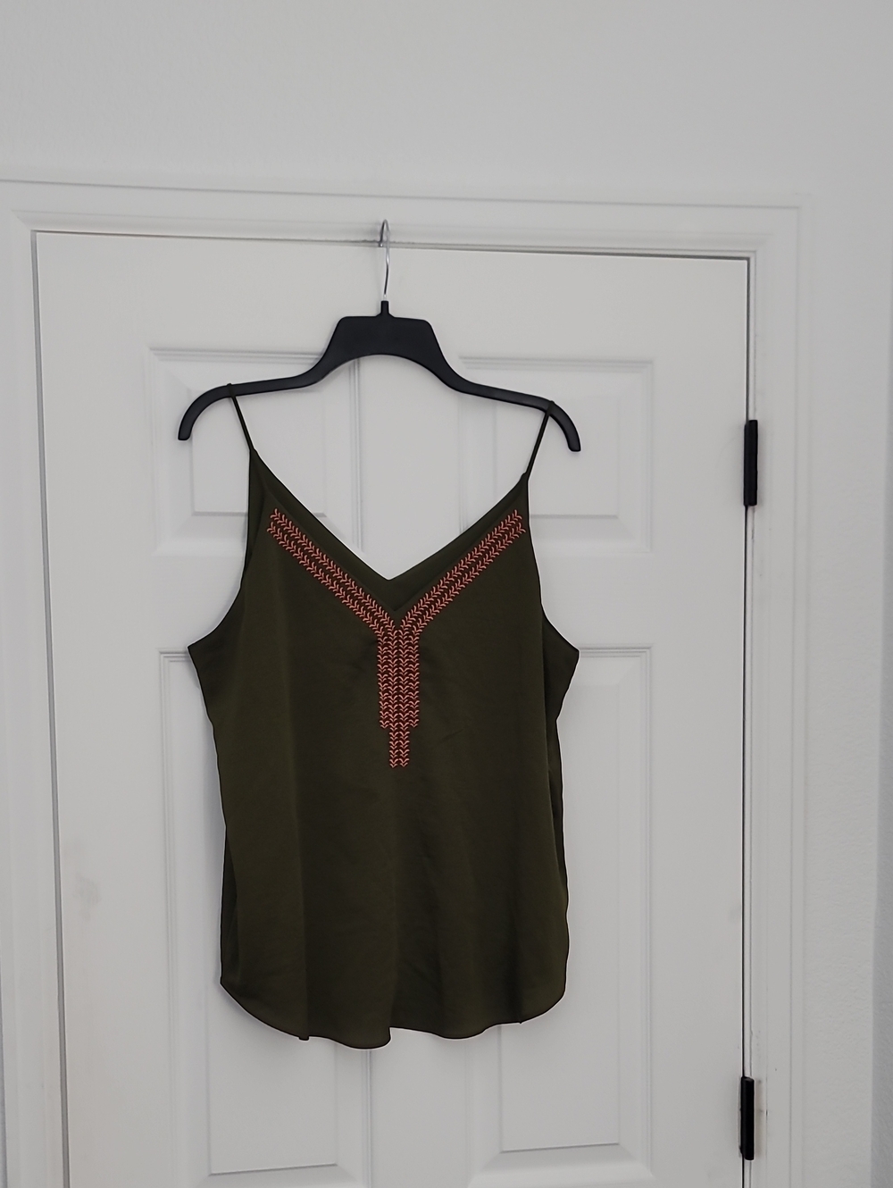 Express Olive Green Spaghetti Strap Cami with Rust Embroidery